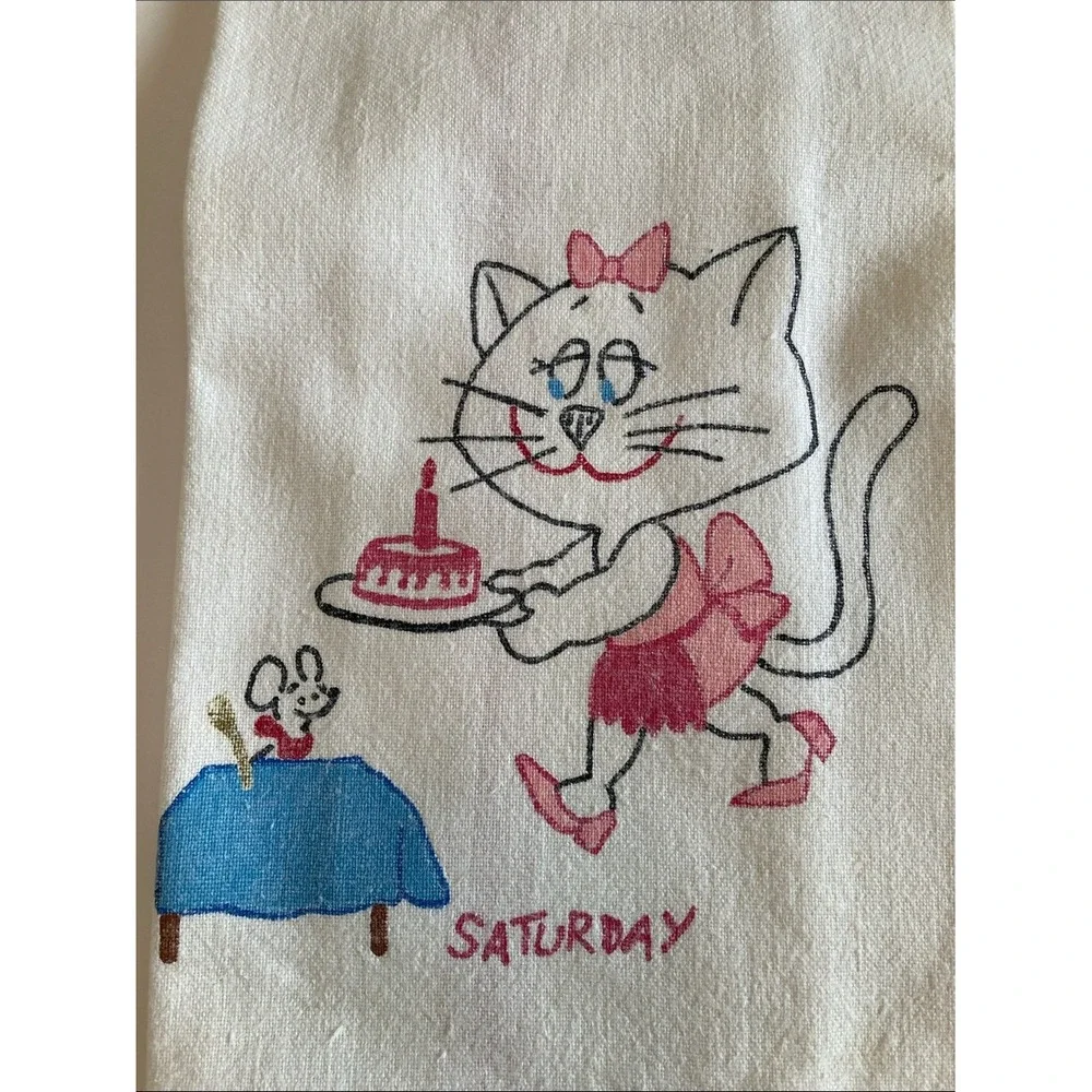 Vintage Kitty‎ Days of the Week Printed Tea Towels Set of 3 White Cotton 16x25